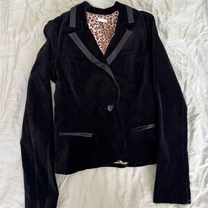 Vintage late 90s 2000s Y2K Aqua Black Velvet Blazer with animal print lining